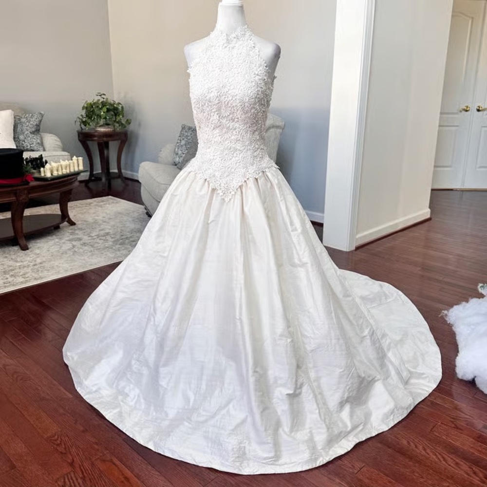 Mon Cheri Ivory Halter Lace Ball Gown